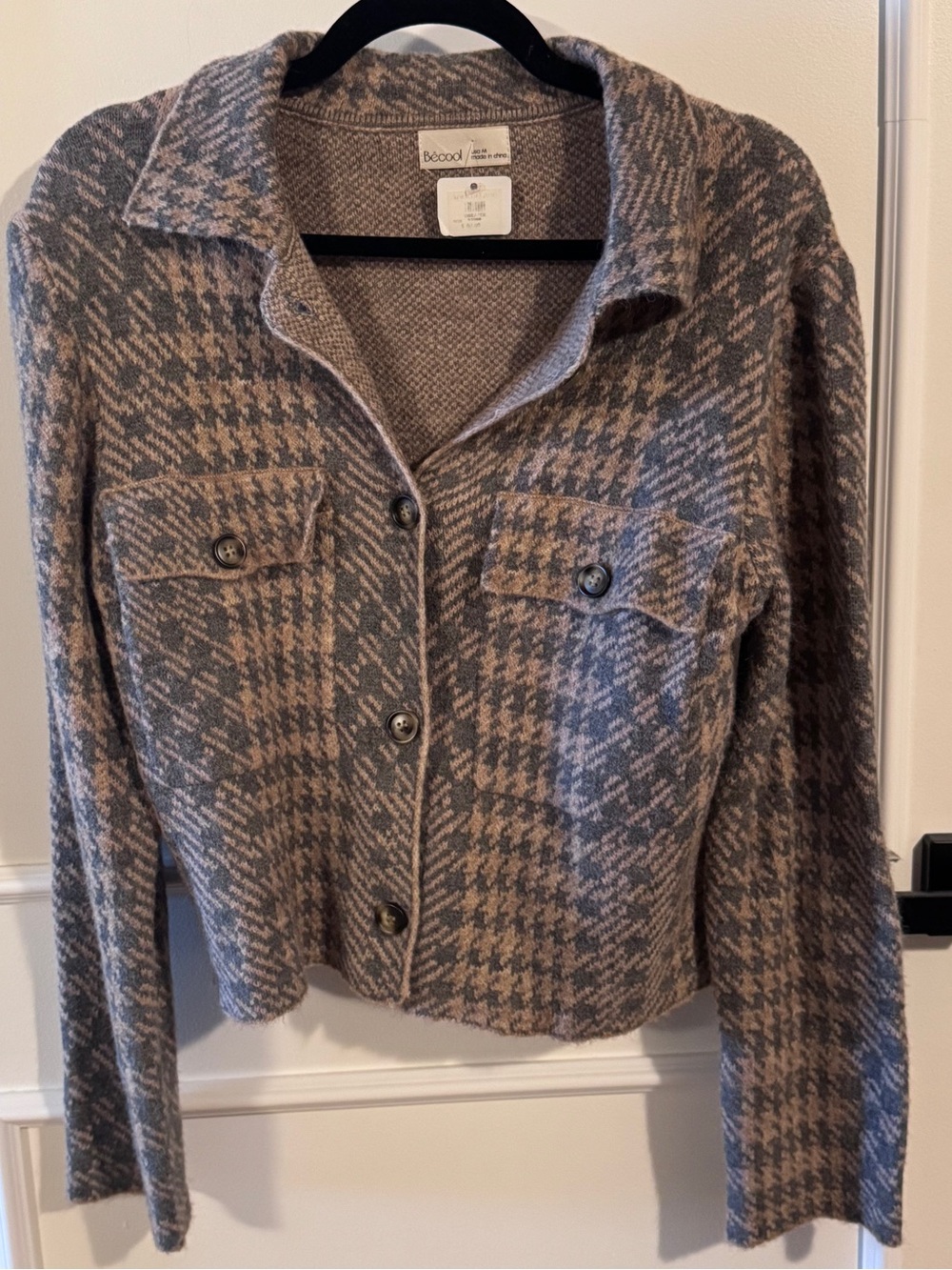BE COOL Houndstooth Button-Front Blazer in Taupe & Gray